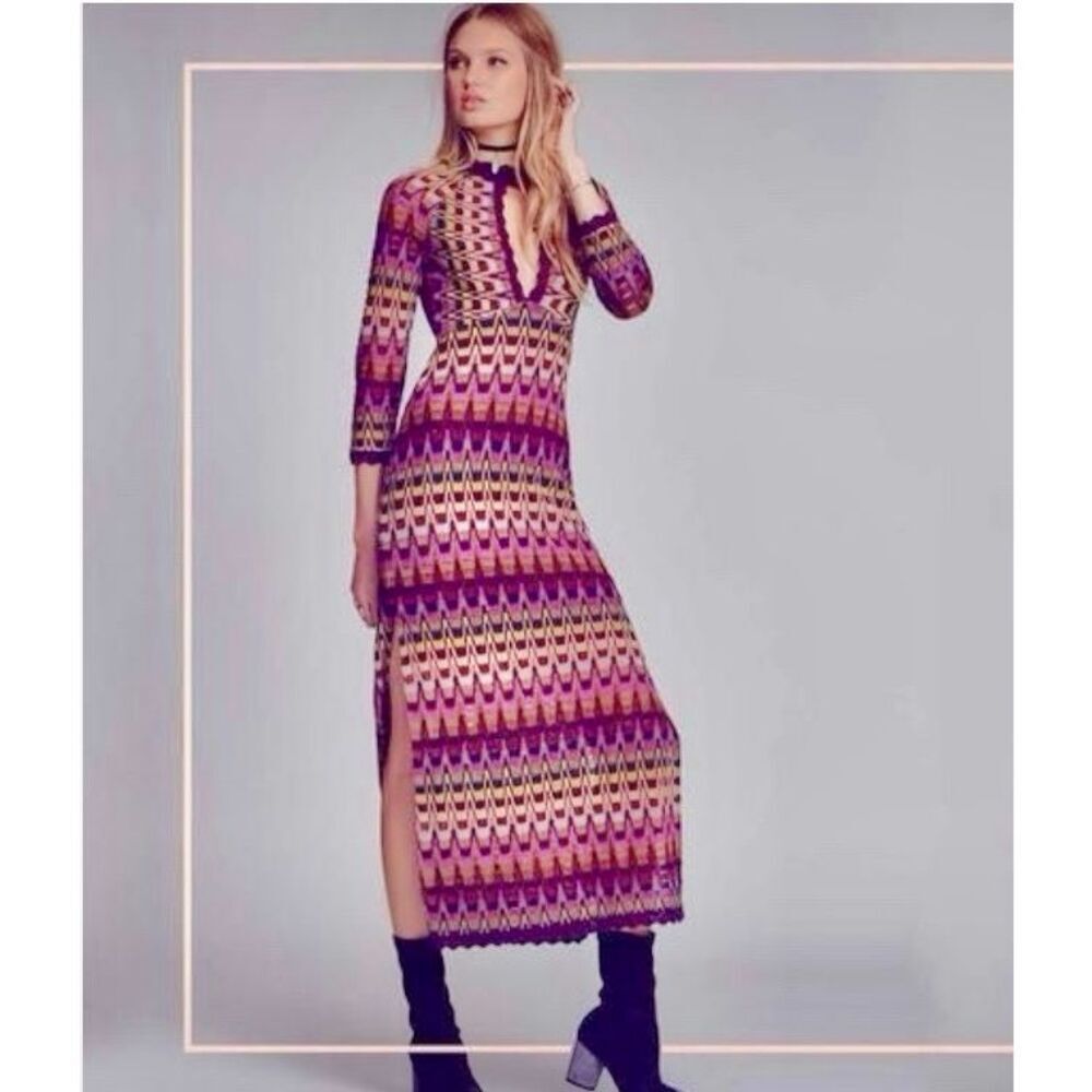 Free People Maxi Knit Dress Good Vibration Cotton Purple Multicolor Tie Back Boh